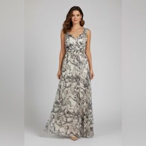 David’s Bridal Chiffon Floral Gown Gray Ivory V-Neck Empire Waist Size 12